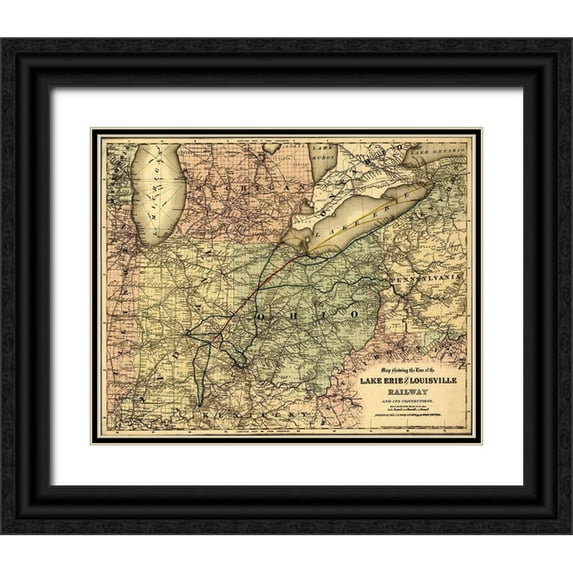 Vintage Maps 14x12 Black Ornate Wood Framed with Double Matting Museum Art Print Titled - Lake Erie and Louisville Railway