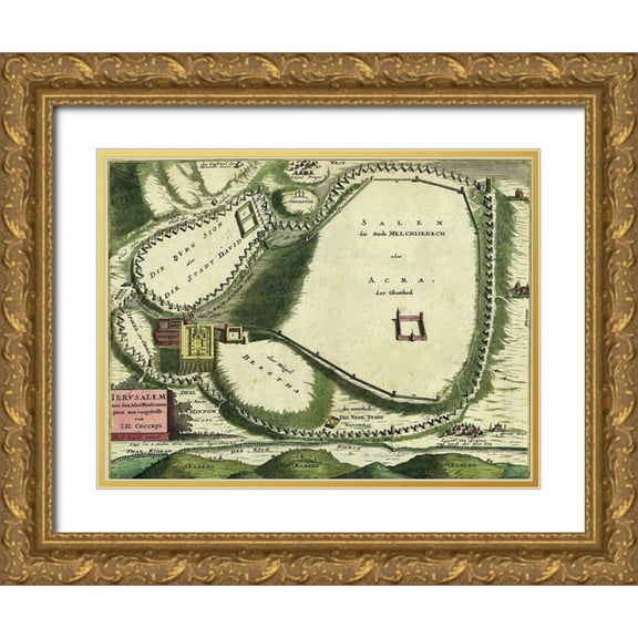 Vintage Maps 14x12 Gold Ornate Wood Framed with Double Matting Museum Art Print Titled - Antique Map of Jerusalem