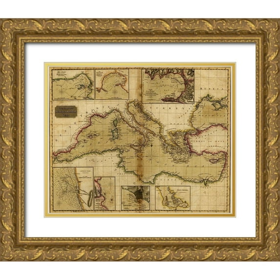 Vintage Maps 14x12 Gold Ornate Wood Framed with Double Matting Museum Art Print Titled - Mediterranean Sea