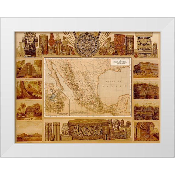 Vintage Maps 14x12 White Modern Wood Framed Museum Art Print Titled - Archaeological Map of Mexico