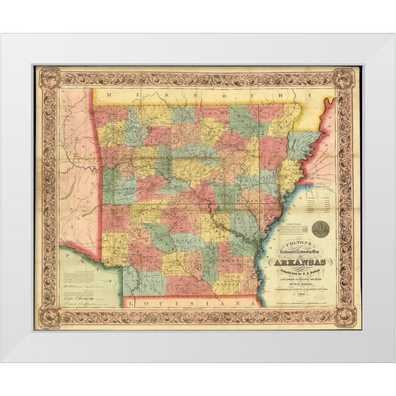 Vintage Maps 14x12 White Modern Wood Framed Museum Art Print Titled - Arkansas 1854