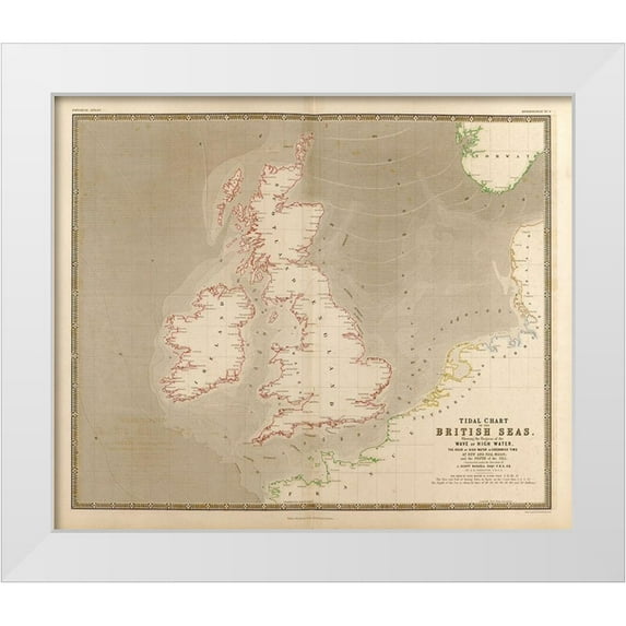 Vintage Maps 14x12 White Modern Wood Framed Museum Art Print Titled - British Isles Waves High Water and Tides