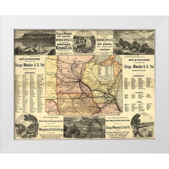 Vintage Maps 14x12 White Modern Wood Framed Museum Art Print Titled - Chicago to Milwaukee Railroad Map 1874
