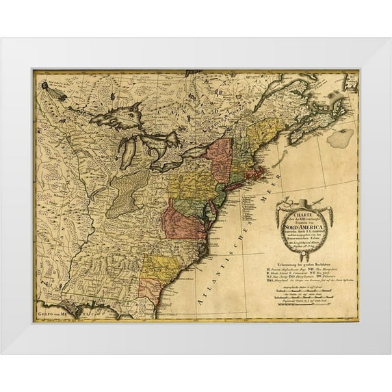 Vintage Maps 14x12 White Modern Wood Framed Museum Art Print Titled - Eighteenth Century Map of the United States 1784