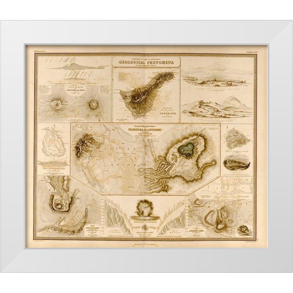 Vintage Maps 14x12 White Modern Wood Framed Museum Art Print Titled - Geologic Phenomenon Volcanoes