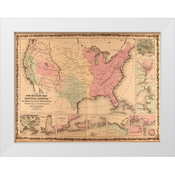 Vintage Maps 14x12 White Modern Wood Framed Museum Art Print Titled - Military Map of the United States 1862