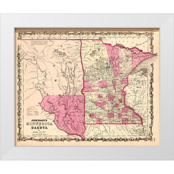 Vintage Maps 14x12 White Modern Wood Framed Museum Art Print Titled - Minnesota and Dakota 1862