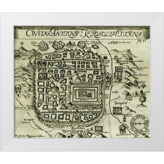 Vintage Maps 14x12 White Modern Wood Framed Museum Art Print Titled - Modern Antique Map of Jerusalem