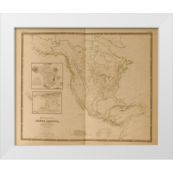 Vintage Maps 14x12 White Modern Wood Framed Museum Art Print Titled - Mountain Chains in North America