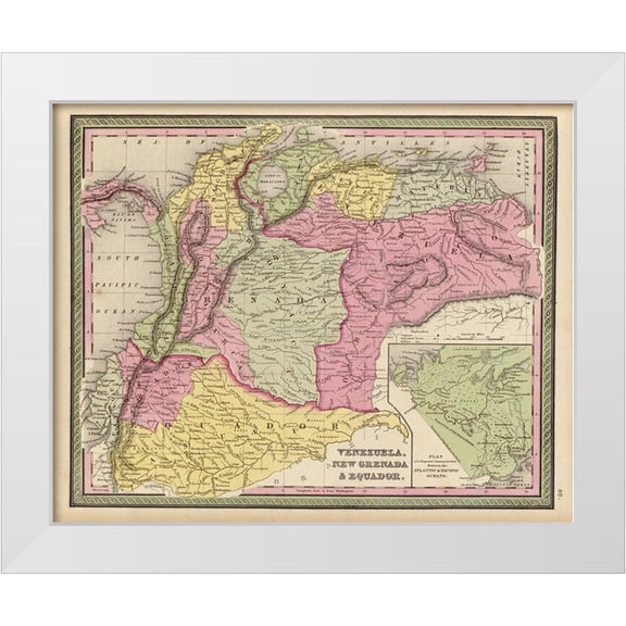 Vintage Maps 14x12 White Modern Wood Framed Museum Art Print Titled - Venezuela New Grenada and Ecuador 1849