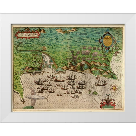 Vintage Maps 14x12 White Modern Wood Framed Museum Art Print Titled - Voyages of Sir Francis Drake 1589