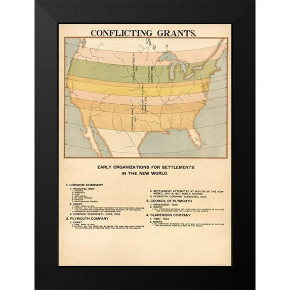Vintage Maps 14x18 Black Modern Framed Museum Art Print Titled - Conflicting Grants on the territory that was to become the USA