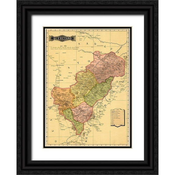 Vintage Maps 14x18 Black Ornate Wood Framed with Double Matting Museum Art Print Titled - Queretaro 1844