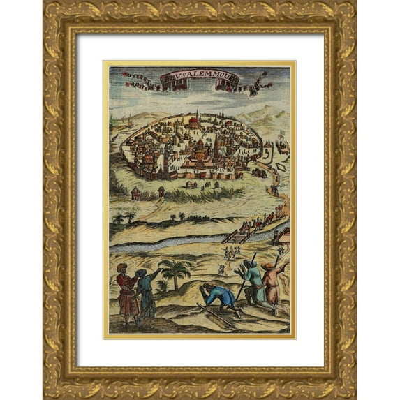 Vintage Maps 14x18 Gold Ornate Wood Framed with Double Matting Museum Art Print Titled - Antique Map of Jerusalem