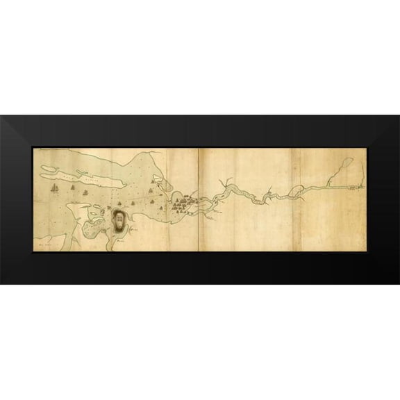 Vintage Maps 14x7 Black Modern Framed Museum Art Print Titled - Operations of the English Fleet at Penobscot River and Bay 1779