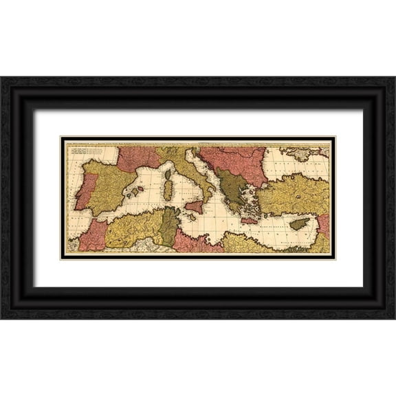 Vintage Maps 14x8 Black Ornate Wood Framed with Double Matting Museum Art Print Titled - Mediterranean Sea 1695