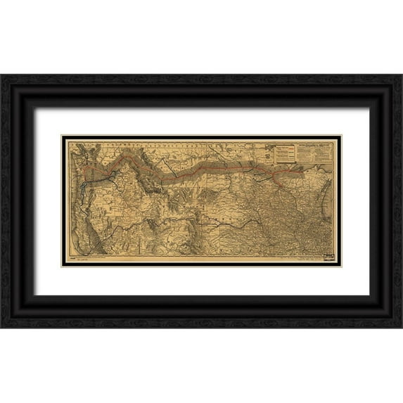Vintage Maps 14x8 Black Ornate Wood Framed with Double Matting Museum Art Print Titled - Northern Pacific Transcontinental 1882