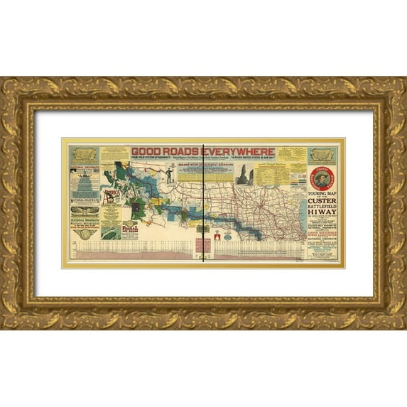 Vintage Maps 14x8 Gold Ornate Wood Framed with Double Matting Museum Art Print Titled - Good Roads Everywhere A Touring Map of the Custer Battlefield Highway 1925