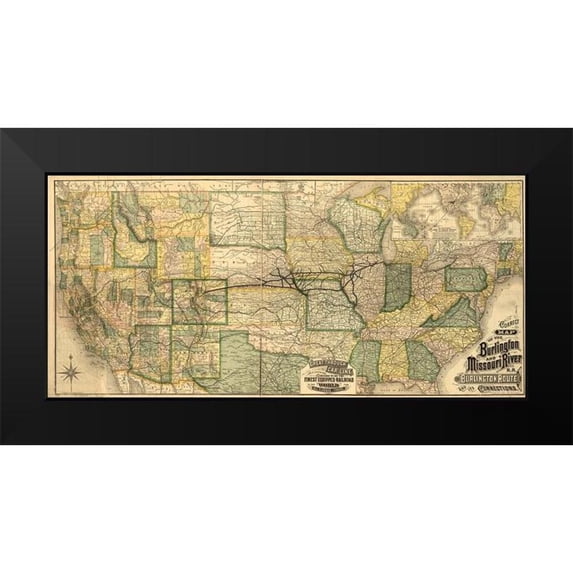 Vintage Maps 14x9 Black Modern Framed Museum Art Print Titled - Burlington and Missouri River R R the Burlington Route 1882