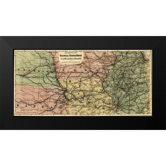 Vintage Maps 14x9 Black Modern Framed Museum Art Print Titled - Missouri River at St Joseph 1872