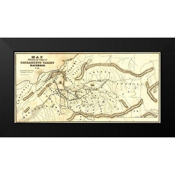 Vintage Maps 14x9 Black Modern Framed Museum Art Print Titled - Sacramento Valley Railroad California Sacramento 1854
