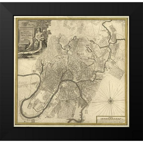 Vintage Maps 15x15 Black Modern Framed Museum Art Print Titled - City Plan Moscow Russia 1745