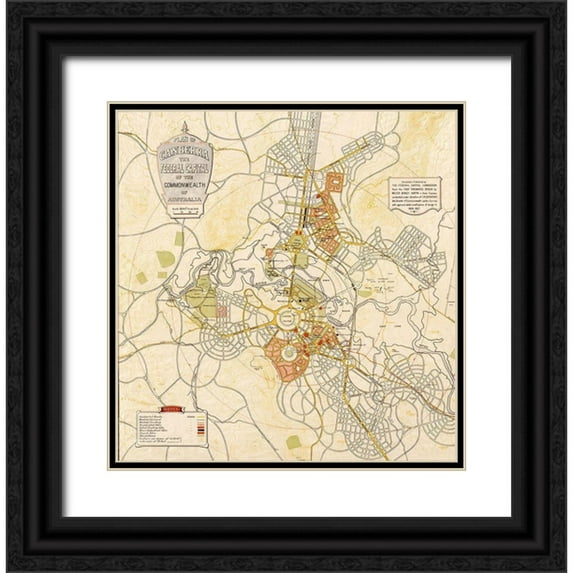 Vintage Maps 15x15 Black Ornate Wood Framed with Double Matting Museum Art Print Titled - Canberra Australia 1927