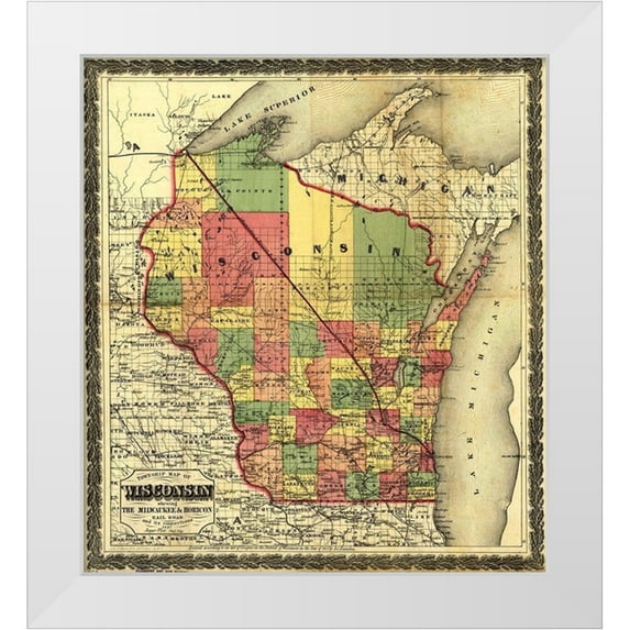Vintage Maps 15x16 White Modern Wood Framed Museum Art Print Titled - Wisconsin showing The Milwaukee and Horicon Rail Road 1857