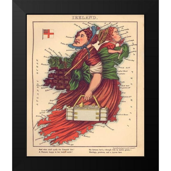 Vintage Maps 15x17 Black Modern Framed Museum Art Print Titled - Anthropomorphic Map of Ireland