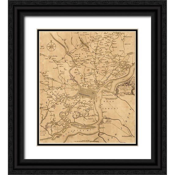 Vintage Maps 15x17 Black Ornate Wood Framed with Double Matting Museum Art Print Titled - Philadelphia 1777