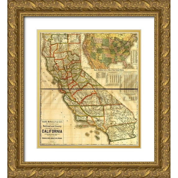 Vintage Maps 15x17 Gold Ornate Wood Framed with Double Matting Museum Art Print Titled - Railroad and county map of California showing every railroad station and post office 1883