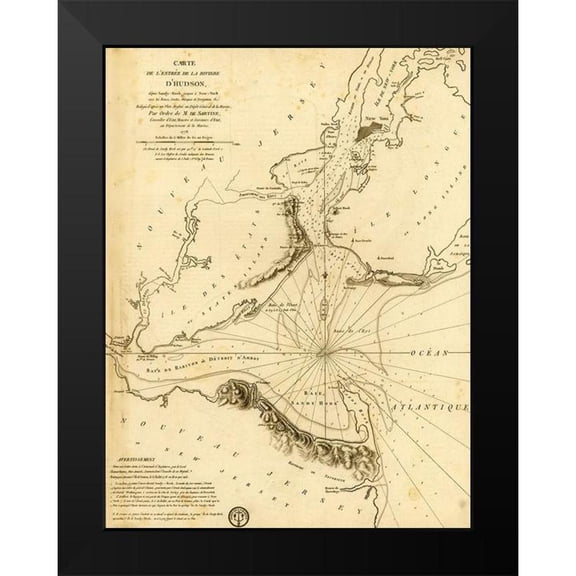 Vintage Maps 15x18 Black Modern Framed Museum Art Print Titled - French Naval Map for the Entrance to the Hudson in New York 1778