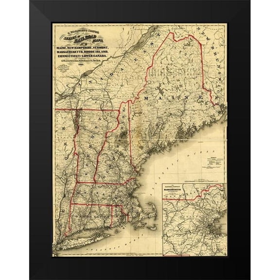 Vintage Maps 15x18 Black Modern Framed Museum Art Print Titled - Maine New Hampshire Vermont Massachusetts Rhode Island Connecticut and Lower Canada 1860