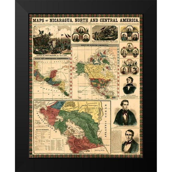 Vintage Maps 15x18 Black Modern Framed Museum Art Print Titled - Nicaragua and Central America-Mexico-isthmus of Panama