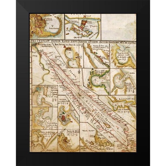 Vintage Maps 15x18 Black Modern Framed Museum Art Print Titled - Portuguese Map of the Red Sea and The Middle east 1630