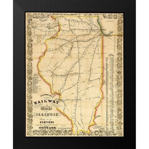 Vintage Maps 15x18 Black Modern Framed Museum Art Print Titled - Railway guide for Illinois 1855