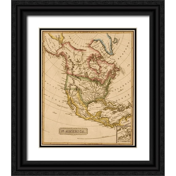 Vintage Maps 15x18 Black Ornate Wood Framed with Double Matting Museum Art Print Titled - North America 1817