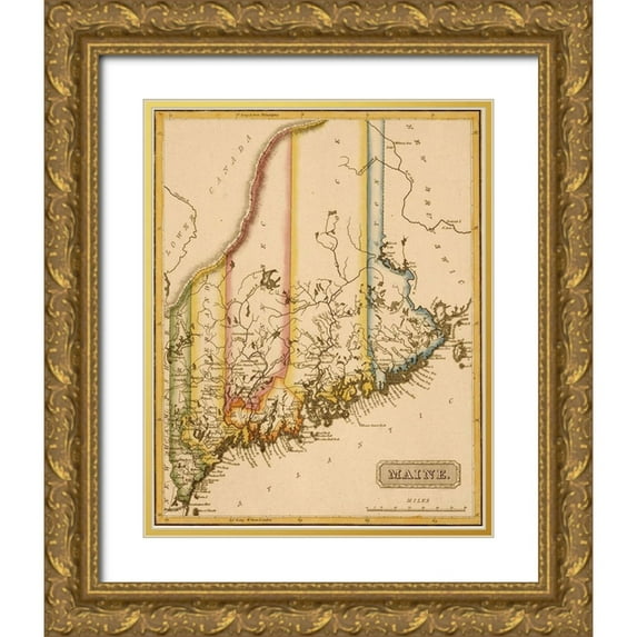 Vintage Maps 15x18 Gold Ornate Wood Framed with Double Matting Museum Art Print Titled - Maine 1817