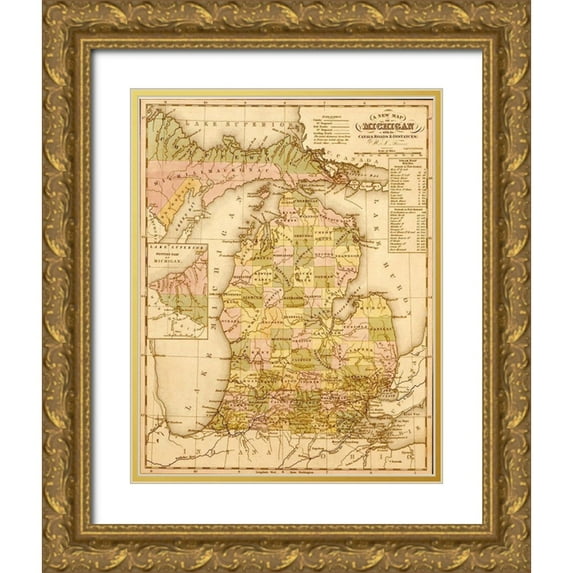 Vintage Maps 15x18 Gold Ornate Wood Framed with Double Matting Museum Art Print Titled - Michigan 1844