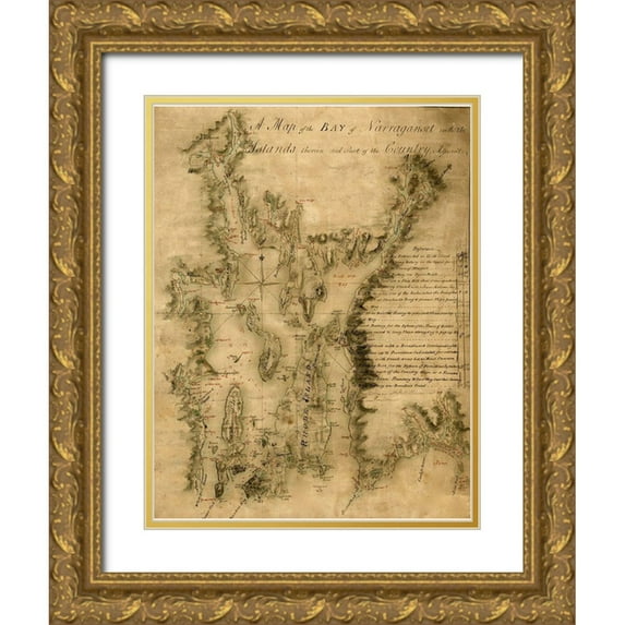 Vintage Maps 15x18 Gold Ornate Wood Framed with Double Matting Museum Art Print Titled - Narragansett Bay 1777