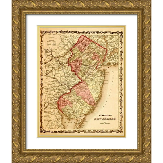 Vintage Maps 15x18 Gold Ornate Wood Framed with Double Matting Museum Art Print Titled - New Jersey 1862