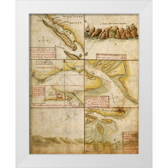 Vintage Maps 15x18 White Modern Wood Framed Museum Art Print Titled - Portuguese Navigational Map of Caribbean Ports 1630