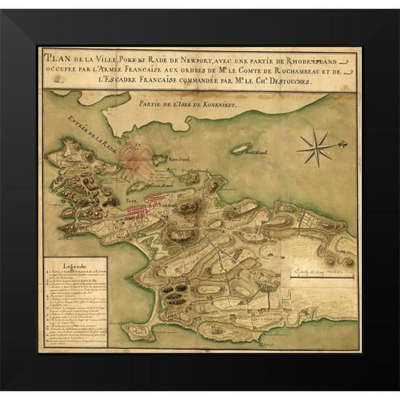 Vintage Maps 16x15 Black Modern Framed Museum Art Print Titled - Newport fortifications fields of fire and positions of French naval vessels 1779