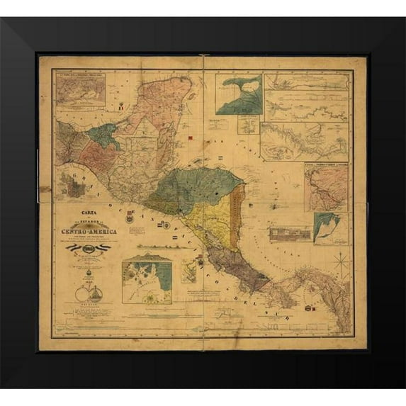 Vintage Maps 16x15 Black Modern Framed Museum Art Print Titled - States of Central America 1862