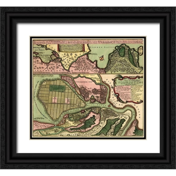 Vintage Maps 16x15 Black Ornate Wood Framed with Double Matting Museum Art Print Titled - St Petersburg Russia 1703