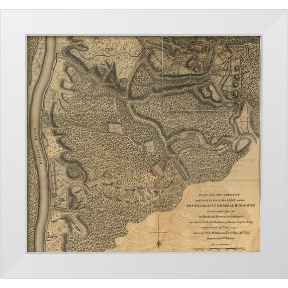 Vintage Maps 16x15 White Modern Wood Framed Museum Art Print Titled - General Burgoyne at Swords House on Hudsons River near Stillwater 1777
