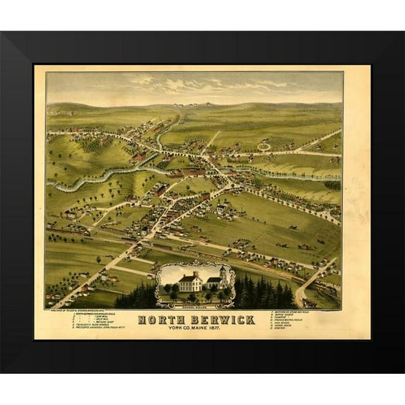 Vintage Maps 17x15 Black Modern Framed Museum Art Print Titled - North Berwick-Maine 1877