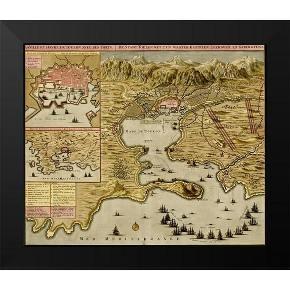 Vintage Maps 17x15 Black Modern Framed Museum Art Print Titled - Toulon France Harbor and Defenses 1700