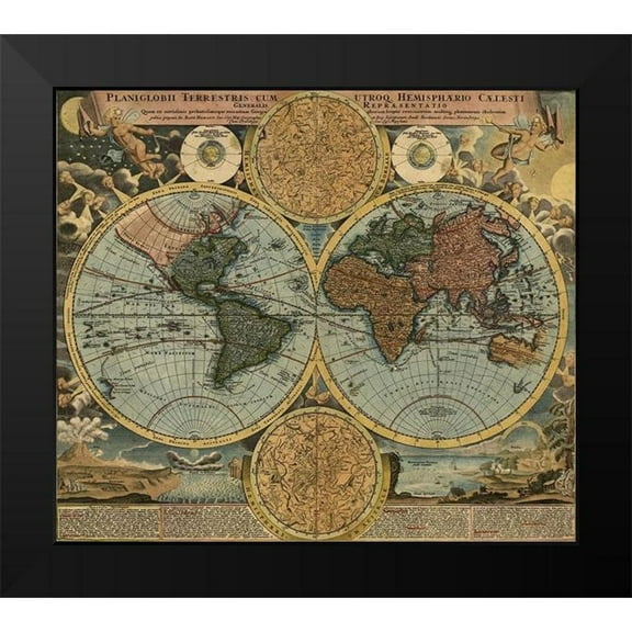 Vintage Maps 17x15 Black Modern Framed Museum Art Print Titled - World Map