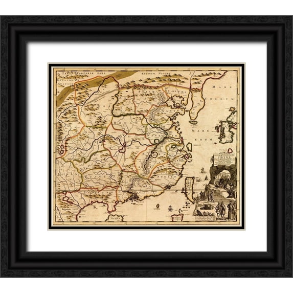 Vintage Maps 17x15 Black Ornate Wood Framed with Double Matting Museum Art Print Titled - China 1700